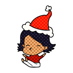 comic book style illustration of a woman sitting wearing santa hat