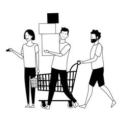 casual people cartoon in black and white