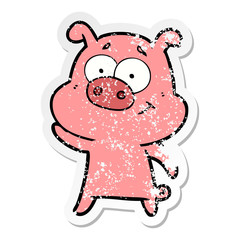 distressed sticker of a happy cartoon pig