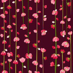 small pink flowers on dark red background. seamless pattern