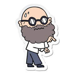 sticker of a cartoon worried man with beard and spectacles pointing finger