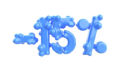 The sign -15off. Made of blue plastic or metal isolate on white background. 3d illustration