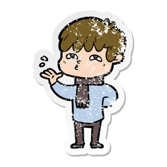 distressed sticker of a cartoon curious man