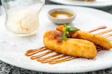 fried bananas with ice-cream