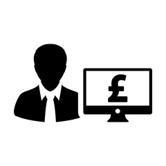 Finance icon vector male user person profile avatar with computer monitor and pound sign currency money symbol for banking and business in flat color glyph pictogram illustration