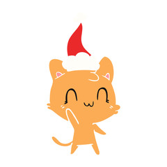 flat color illustration of a happy cat wearing santa hat