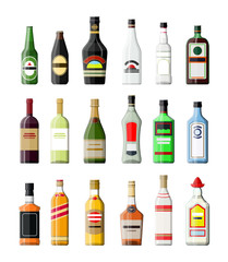 Alcohol drinks collection. Bottles with vodka champagne wine whiskey beer brandy tequila cognac liquor vermouth gin rum absinthe sambuca cider bourbon. Vector illustration in flat style.