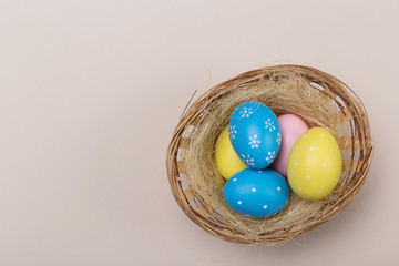 Colorfull easter eggs in nest on pastel color background with space. Concept