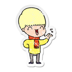 distressed sticker of a happy cartoon boy