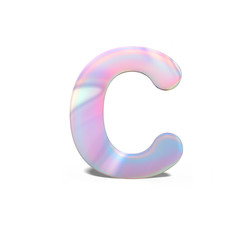 Abstract 3d capital letter C in bright holographic design. Realistic shiny alphabet on neon blue pink font, isolated white background. 3d rendering