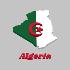 3D Map outline and flag of Algeria, it is consists of two equal vertical bars, green and white, charged in the center with a red star and crescent.