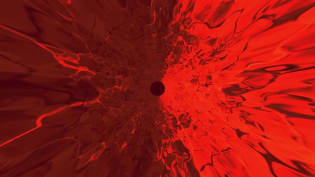 Fire lava pit tunnel animation. Surreal artistic background graphic of twisting and moving hypnotic spiral. Red and black optical illusion of tunnel vision. 