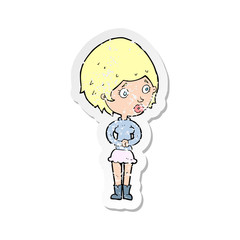 retro distressed sticker of a cartoon concerned woman