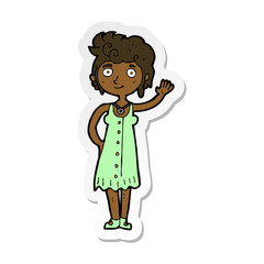 sticker of a cartoon hippie woman waving