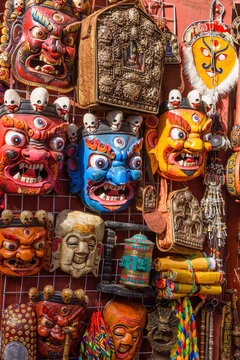 Different Kinds Of Buddhist Masks In The  Barkhor Square In Lhasa, Tibet, China