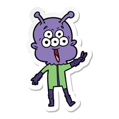 sticker of a happy cartoon alien waving peace gesture