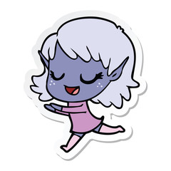 sticker of a happy cartoon elf girl running