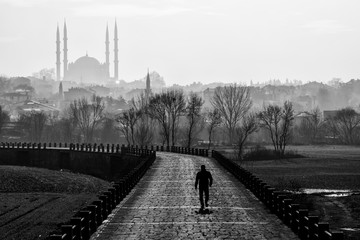 Edirne Turkey February 18 2019 : Edirne city center Mimar Sinan Monument and Selimiye Mosque