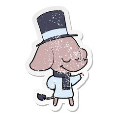 distressed sticker of a cartoon smiling elephant wearing top hat