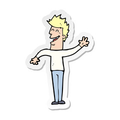 sticker of a cartoon happy man waving