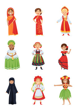 Flat vector set of cute girls in different national costumes. Smiling kids in traditional clothes of various countries