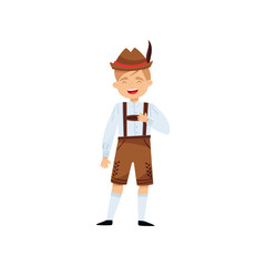 Laughing boy in national Bavarian costume. Kid in shirt, traditional lederhosen and hat with feather. Flat vector design