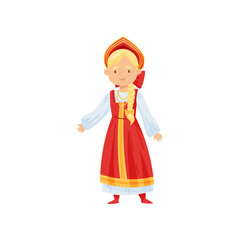 Smiling blonde girl in Russian traditional dress and headdress. National women clothes. Flat vector design