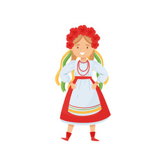 Cute girl in Ukrainian traditional clothes. Character in dress and flower wreath. National costume. Flat vector