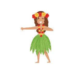 Dancing girl in Hawaii traditional dress. Character in hula skirt, coconut bra and flower lei. Flat vector design