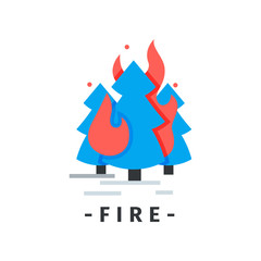 Flat vector icon with burning fir trees. Forest in fire. Emergency situation. Natural disaster. Element for infographic