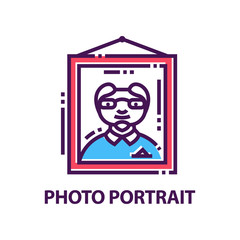 Creative flat vector emblem with portrait of man hanging on wall. Logo template for photo studio