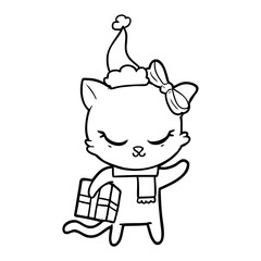 cute line drawing of a cat with present wearing santa hat