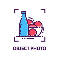 Original vector linear emblem for photo studio. Object photography. Logo template with bottle and bowl of fruits