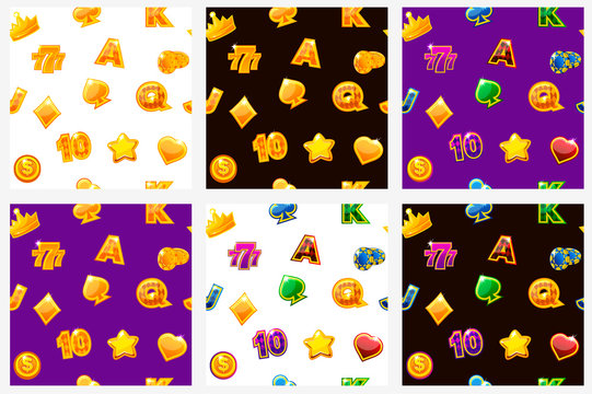 Slots icons set. Background with colored casino icons. Seamless repeating pattern.