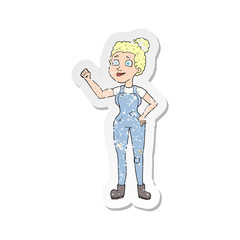 retro distressed sticker of a cartoon woman in dungarees