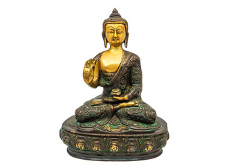 Statue of Buddha sitting in meditation with one hand blessing on white background
