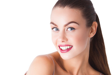 Obraz premium Woman closeup isolated on white. Young beautiful girl portrait. Female smiling. Cheerful model facial portrait.