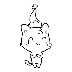 line drawing of a happy cat wearing santa hat