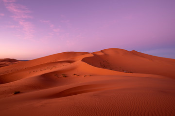 Amazing sunrise over the dunes Erg Chebbi in the Sahara desert near Merzouga, Morocco , Africa. Beautiful sand landscape with stunning sky