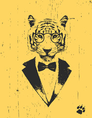 Portrait of Tiger in suit. Hand drawn illustration. Vector