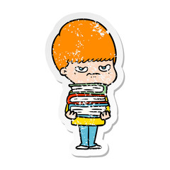 distressed sticker of a angry cartoon boy with books