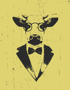 Portrait of Cow in suit. Hand drawn illustration. Vector