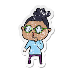 distressed sticker of a cartoon woman wearing spectacles