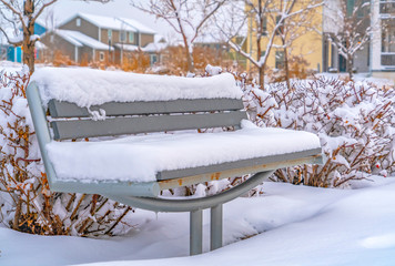 Empty bench on a park in Daybreak during winter