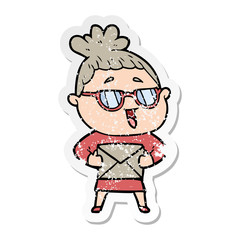 Obraz premium distressed sticker of a cartoon happy woman wearing spectacles