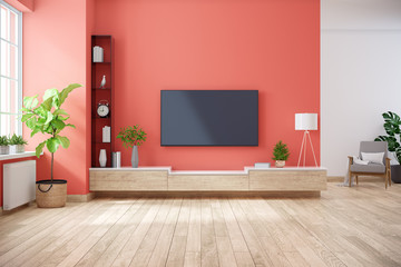  TV cabinet and display with on wood flooring and Living coral wall, minimalist and vintage interior of living room,3d rendering