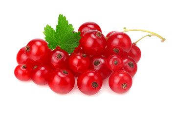 red currant with green leaf isolated on a white background. macro. healthy food