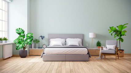 Miinimalist and vintage interior of living room,King bed with gray chair on wood flooring and pastel green wall,3d rendering