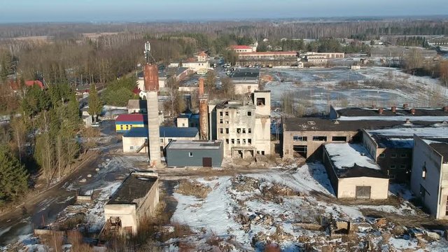 Abandoned derelict soviet factory in Lithuania province, aerial view