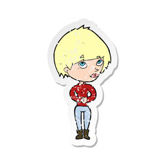 retro distressed sticker of a cartoon woman considering